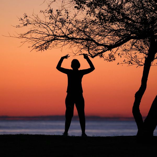 Silhouette in a tree yoga pose against a soft pink sky.